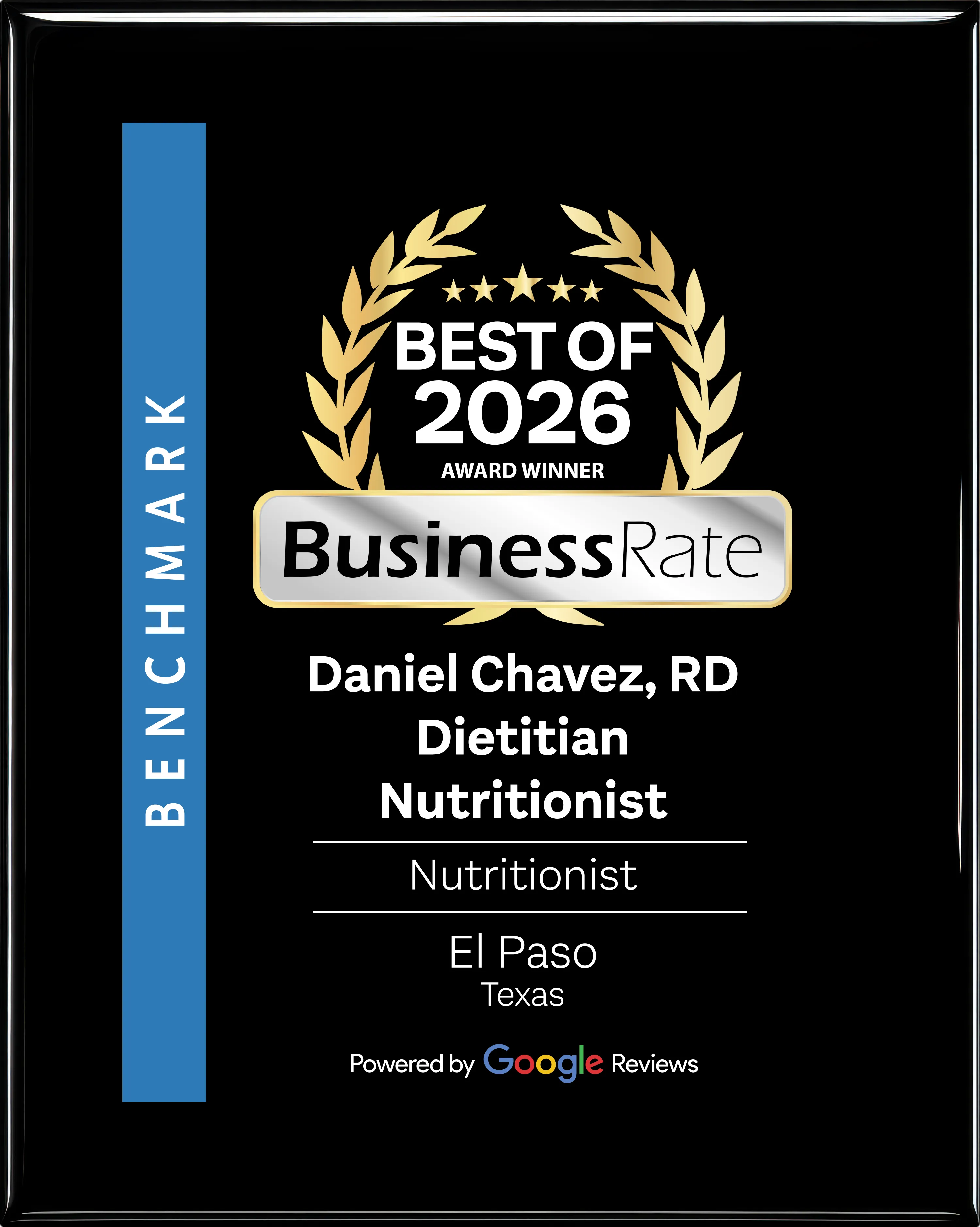 Benchmark BusinessRate Best of 2026 award winner — Daniel Chavez, RD, Nutritionist, El Paso