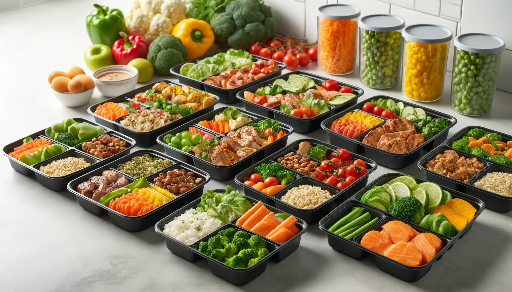 Assortment of healthy, portioned meal prep containers