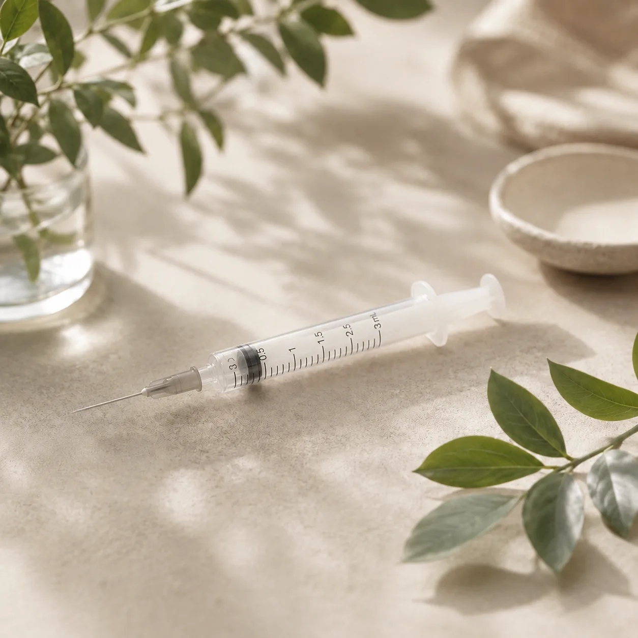Medical syringe on a neutral surface